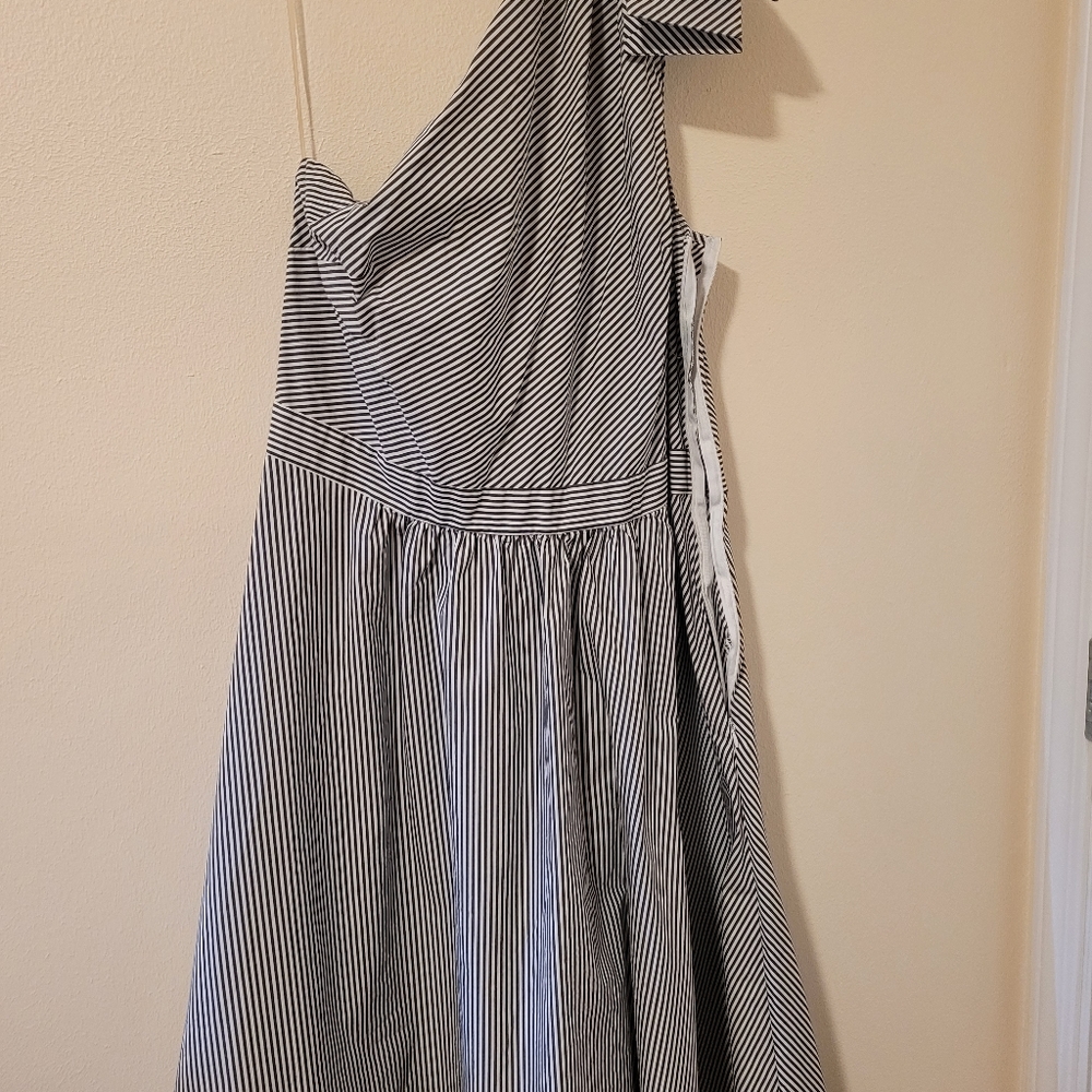 Blue & white striped, one-shoulder dress
